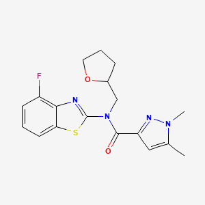 molecular formula C18H19FN4O2S B2990678 N-(4-fluoro-1,3-benzothiazol-2-yl)-1,5-dimethyl-N-(oxolan-2-ylmethyl)pyrazole-3-carboxamide CAS No. 1013773-13-1