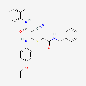 molecular formula C29H30N4O3S B2990713 (E)-2-cyano-3-(4-ethoxyanilino)-N-(2-methylphenyl)-3-[2-oxo-2-(1-phenylethylamino)ethyl]sulfanylprop-2-enamide CAS No. 750623-77-9