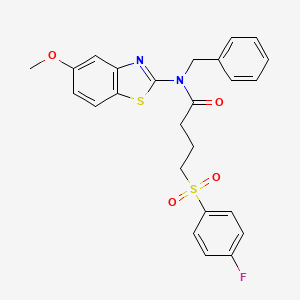 molecular formula C25H23FN2O4S2 B2990727 N-苄基-4-((4-氟苯基)磺酰基)-N-(5-甲氧基苯并[d]噻唑-2-基)丁酰胺 CAS No. 941950-98-7