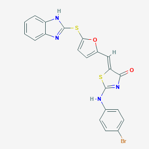 molecular formula C21H13BrN4O2S2 B299073 (5Z)-5-[[5-(1H-benzimidazol-2-ylsulfanyl)furan-2-yl]methylidene]-2-(4-bromoanilino)-1,3-thiazol-4-one 