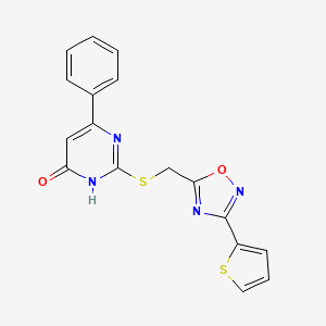molecular formula C17H12N4O2S2 B2990765 6-Phenyl-2-({[3-(2-thienyl)-1,2,4-oxadiazol-5-yl]methyl}sulfanyl)-4-pyrimidinol CAS No. 831230-56-9