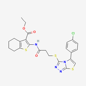 molecular formula C24H23ClN4O3S3 B2990823 Ethyl 2-(3-((5-(4-chlorophenyl)thiazolo[2,3-c][1,2,4]triazol-3-yl)thio)propanamido)-4,5,6,7-tetrahydrobenzo[b]thiophene-3-carboxylate CAS No. 671200-12-7