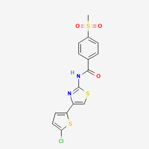 molecular formula C15H11ClN2O3S3 B2990833 N-(4-(5-chlorothiophen-2-yl)thiazol-2-yl)-4-(methylsulfonyl)benzamide CAS No. 896339-27-8