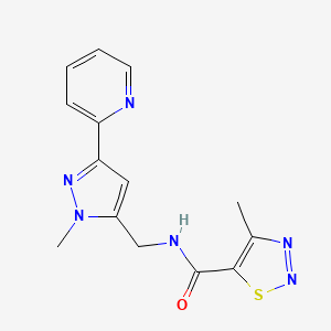 molecular formula C14H14N6OS B2990841 4-Methyl-N-[(2-methyl-5-pyridin-2-ylpyrazol-3-yl)methyl]thiadiazole-5-carboxamide CAS No. 2319846-47-2