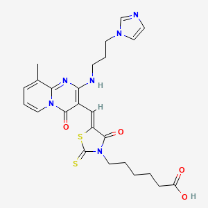 molecular formula C25H28N6O4S2 B2990848 (Z)-6-(5-((2-((3-(1H-imidazol-1-yl)propyl)amino)-9-methyl-4-oxo-4H-pyrido[1,2-a]pyrimidin-3-yl)methylene)-4-oxo-2-thioxothiazolidin-3-yl)hexanoic acid CAS No. 442565-74-4