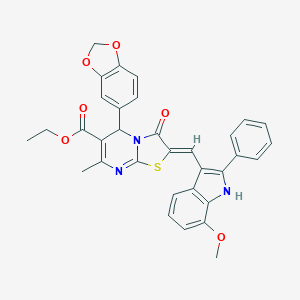molecular formula C33H27N3O6S B299090 ethyl 5-(1,3-benzodioxol-5-yl)-2-[(7-methoxy-2-phenyl-1H-indol-3-yl)methylene]-7-methyl-3-oxo-2,3-dihydro-5H-[1,3]thiazolo[3,2-a]pyrimidine-6-carboxylate 