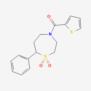 molecular formula C16H17NO3S2 B2990902 (1,1-Dioxido-7-phenyl-1,4-thiazepan-4-yl)(thiophen-2-yl)methanone CAS No. 2034607-06-0