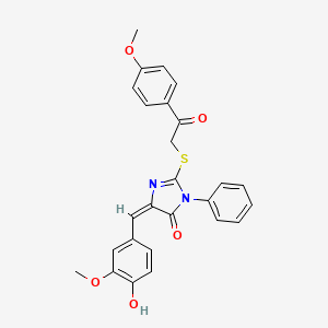 molecular formula C26H22N2O5S B2990925 (E)-4-(4-hydroxy-3-methoxybenzylidene)-2-((2-(4-methoxyphenyl)-2-oxoethyl)thio)-1-phenyl-1H-imidazol-5(4H)-one CAS No. 1322210-82-1