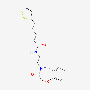 molecular formula C19H26N2O3S2 B2990957 5-(1,2-dithiolan-3-yl)-N-(2-(3-oxo-2,3-dihydrobenzo[f][1,4]oxazepin-4(5H)-yl)ethyl)pentanamide CAS No. 2034347-98-1