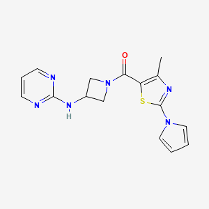 molecular formula C16H16N6OS B2990990 (4-methyl-2-(1H-pyrrol-1-yl)thiazol-5-yl)(3-(pyrimidin-2-ylamino)azetidin-1-yl)methanone CAS No. 2034223-23-7