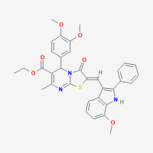 molecular formula C34H31N3O6S B299100 ethyl 5-(3,4-dimethoxyphenyl)-2-[(7-methoxy-2-phenyl-1H-indol-3-yl)methylene]-7-methyl-3-oxo-2,3-dihydro-5H-[1,3]thiazolo[3,2-a]pyrimidine-6-carboxylate 