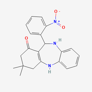 molecular formula C21H21N3O3 B2991018 9,9-二甲基-6-(2-硝基苯基)-6,8,10,11-四氢-5H-苯并[b][1,4]苯并二氮杂卓-7-酮 CAS No. 82408-12-6