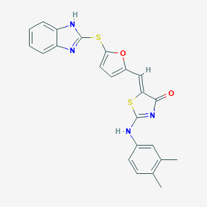 molecular formula C23H18N4O2S2 B299107 (5Z)-5-[[5-(1H-benzimidazol-2-ylsulfanyl)furan-2-yl]methylidene]-2-(3,4-dimethylanilino)-1,3-thiazol-4-one 