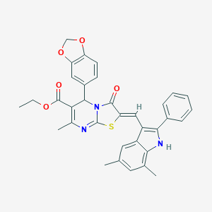 molecular formula C34H29N3O5S B299109 ethyl 5-(1,3-benzodioxol-5-yl)-2-[(5,7-dimethyl-2-phenyl-1H-indol-3-yl)methylene]-7-methyl-3-oxo-2,3-dihydro-5H-[1,3]thiazolo[3,2-a]pyrimidine-6-carboxylate 