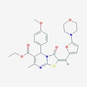 molecular formula C26H27N3O6S B299112 ethyl (2E)-5-(4-methoxyphenyl)-7-methyl-2-{[5-(morpholin-4-yl)furan-2-yl]methylidene}-3-oxo-2,3-dihydro-5H-[1,3]thiazolo[3,2-a]pyrimidine-6-carboxylate 