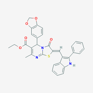molecular formula C32H25N3O5S B299113 ethyl 5-(1,3-benzodioxol-5-yl)-7-methyl-3-oxo-2-[(2-phenyl-1H-indol-3-yl)methylene]-2,3-dihydro-5H-[1,3]thiazolo[3,2-a]pyrimidine-6-carboxylate 
