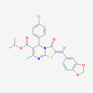 molecular formula C25H21ClN2O5S B299119 isopropyl 2-(1,3-benzodioxol-5-ylmethylene)-5-(4-chlorophenyl)-7-methyl-3-oxo-2,3-dihydro-5H-[1,3]thiazolo[3,2-a]pyrimidine-6-carboxylate 
