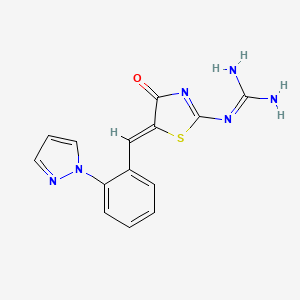 molecular formula C14H12N6OS B2991196 N-[4-oxo-5-{(Z)-[2-(1H-pyrazol-1-yl)phenyl]methylidene}-1,3-thiazol-2(4H)-yl]guanidine CAS No. 956377-39-2