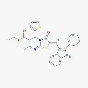 molecular formula C29H23N3O3S2 B299120 ethyl 7-methyl-3-oxo-2-[(2-phenyl-1H-indol-3-yl)methylene]-5-(2-thienyl)-2,3-dihydro-5H-[1,3]thiazolo[3,2-a]pyrimidine-6-carboxylate 
