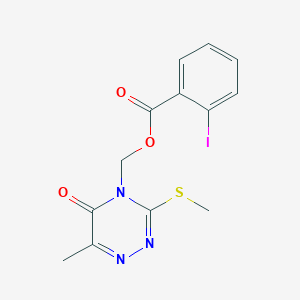 molecular formula C13H12IN3O3S B2991219 (6-methyl-3-(methylthio)-5-oxo-1,2,4-triazin-4(5H)-yl)methyl 2-iodobenzoate CAS No. 877642-89-2