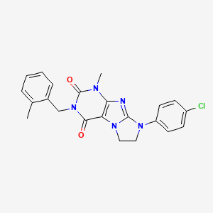 molecular formula C22H20ClN5O2 B2991243 6-(4-Chlorophenyl)-4-methyl-2-[(2-methylphenyl)methyl]-7,8-dihydropurino[7,8-a]imidazole-1,3-dione CAS No. 872839-04-8