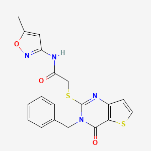 molecular formula C19H16N4O3S2 B2991256 2-(3-苄基-4-氧代噻吩并[3,2-d]嘧啶-2-基)硫代基-N-(5-甲基-1,2-恶唑-3-基)乙酰胺 CAS No. 451468-46-5