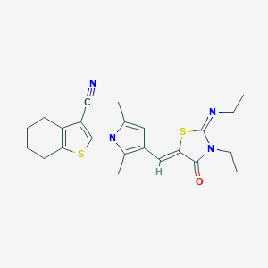 molecular formula C23H26N4OS2 B299126 2-(3-{(Z)-[(2E)-3-ethyl-2-(ethylimino)-4-oxo-1,3-thiazolidin-5-ylidene]methyl}-2,5-dimethyl-1H-pyrrol-1-yl)-4,5,6,7-tetrahydro-1-benzothiophene-3-carbonitrile 