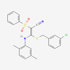 molecular formula C24H21ClN2O2S2 B2991263 (E)-3-((3-氯苄基)硫)-3-((2,5-二甲苯基)氨基)-2-(苯磺酰基)丙烯腈 CAS No. 866348-32-5