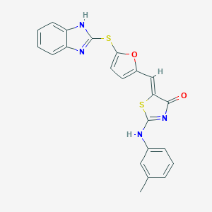 molecular formula C22H16N4O2S2 B299127 (5Z)-5-[[5-(1H-benzimidazol-2-ylsulfanyl)furan-2-yl]methylidene]-2-(3-methylanilino)-1,3-thiazol-4-one 