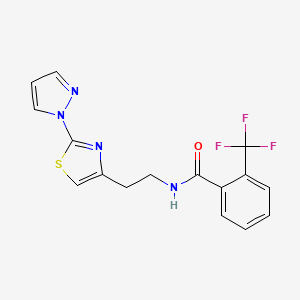 molecular formula C16H13F3N4OS B2991298 N-(2-(2-(1H-吡唑-1-基)噻唑-4-基)乙基)-2-(三氟甲基)苯甲酰胺 CAS No. 1448064-11-6