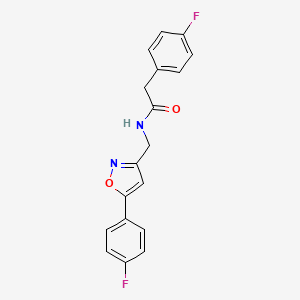 molecular formula C18H14F2N2O2 B2991340 2-(4-fluorophenyl)-N-((5-(4-fluorophenyl)isoxazol-3-yl)methyl)acetamide CAS No. 953251-95-1