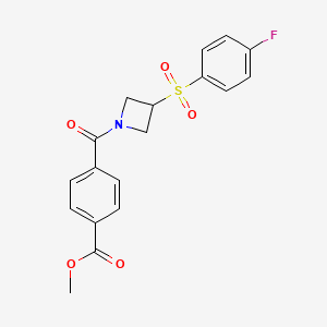 molecular formula C18H16FNO5S B2991365 Methyl 4-(3-((4-fluorophenyl)sulfonyl)azetidine-1-carbonyl)benzoate CAS No. 1448130-79-7