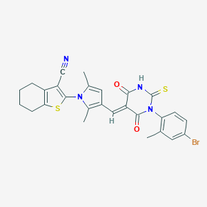 molecular formula C27H23BrN4O2S2 B299141 2-{3-[(1-(4-bromo-2-methylphenyl)-4,6-dioxo-2-thioxotetrahydro-5(2H)-pyrimidinylidene)methyl]-2,5-dimethyl-1H-pyrrol-1-yl}-4,5,6,7-tetrahydro-1-benzothiophene-3-carbonitrile 