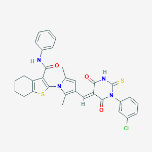 molecular formula C32H27ClN4O3S2 B299143 2-{3-[(1-(3-chlorophenyl)-4,6-dioxo-2-thioxotetrahydro-5(2H)-pyrimidinylidene)methyl]-2,5-dimethyl-1H-pyrrol-1-yl}-N-phenyl-4,5,6,7-tetrahydro-1-benzothiophene-3-carboxamide 