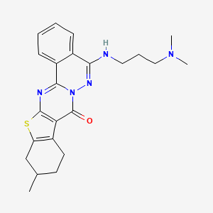 molecular formula C23H27N5OS B2991433 20-{[3-(Dimethylamino)propyl]amino}-7-methyl-10-thia-1,12,21-triazapentacyclo[11.8.0.0^{3,11}.0^{4,9}.0^{14,19}]henicosa-3(11),4(9),12,14(19),15,17,20-heptaen-2-one CAS No. 379245-61-1