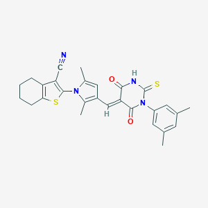 molecular formula C28H26N4O2S2 B299144 2-{3-[(1-(3,5-dimethylphenyl)-4,6-dioxo-2-thioxotetrahydro-5(2H)-pyrimidinylidene)methyl]-2,5-dimethyl-1H-pyrrol-1-yl}-4,5,6,7-tetrahydro-1-benzothiophene-3-carbonitrile 