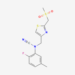 molecular formula C14H14FN3O2S2 B2991456 (2-Fluoro-5-methylphenyl)-[[2-(methylsulfonylmethyl)-1,3-thiazol-4-yl]methyl]cyanamide CAS No. 1385274-66-7