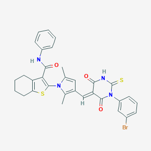 molecular formula C32H27BrN4O3S2 B299147 2-{3-[(1-(3-bromophenyl)-4,6-dioxo-2-thioxotetrahydro-5(2H)-pyrimidinylidene)methyl]-2,5-dimethyl-1H-pyrrol-1-yl}-N-phenyl-4,5,6,7-tetrahydro-1-benzothiophene-3-carboxamide 