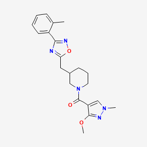molecular formula C21H25N5O3 B2991483 (3-methoxy-1-methyl-1H-pyrazol-4-yl)(3-((3-(o-tolyl)-1,2,4-oxadiazol-5-yl)methyl)piperidin-1-yl)methanone CAS No. 1705103-61-2