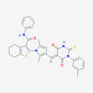 molecular formula C33H30N4O3S2 B299151 2-{2,5-dimethyl-3-[(1-(3-methylphenyl)-4,6-dioxo-2-thioxotetrahydro-5(2H)-pyrimidinylidene)methyl]-1H-pyrrol-1-yl}-N-phenyl-4,5,6,7-tetrahydro-1-benzothiophene-3-carboxamide 