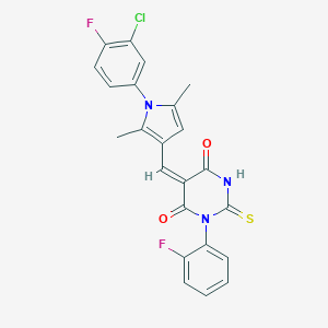 molecular formula C23H16ClF2N3O2S B299152 (5E)-5-{[1-(3-chloro-4-fluorophenyl)-2,5-dimethyl-1H-pyrrol-3-yl]methylidene}-1-(2-fluorophenyl)-2-thioxodihydropyrimidine-4,6(1H,5H)-dione 