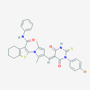 molecular formula C32H27BrN4O3S2 B299153 2-{3-[(1-(4-bromophenyl)-4,6-dioxo-2-thioxotetrahydro-5(2H)-pyrimidinylidene)methyl]-2,5-dimethyl-1H-pyrrol-1-yl}-N-phenyl-4,5,6,7-tetrahydro-1-benzothiophene-3-carboxamide 