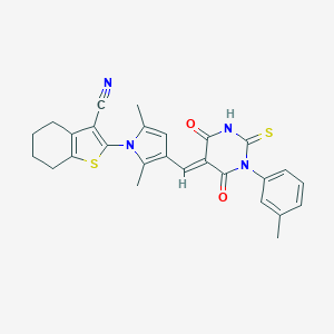 molecular formula C27H24N4O2S2 B299154 2-(2,5-dimethyl-3-{(E)-[1-(3-methylphenyl)-4,6-dioxo-2-thioxotetrahydropyrimidin-5(2H)-ylidene]methyl}-1H-pyrrol-1-yl)-4,5,6,7-tetrahydro-1-benzothiophene-3-carbonitrile 