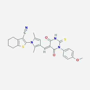 molecular formula C27H24N4O3S2 B299155 2-(3-{(E)-[1-(4-methoxyphenyl)-4,6-dioxo-2-thioxotetrahydropyrimidin-5(2H)-ylidene]methyl}-2,5-dimethyl-1H-pyrrol-1-yl)-4,5,6,7-tetrahydro-1-benzothiophene-3-carbonitrile 