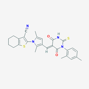 molecular formula C28H26N4O2S2 B299156 2-(3-{(E)-[1-(2,4-dimethylphenyl)-4,6-dioxo-2-thioxotetrahydropyrimidin-5(2H)-ylidene]methyl}-2,5-dimethyl-1H-pyrrol-1-yl)-4,5,6,7-tetrahydro-1-benzothiophene-3-carbonitrile 