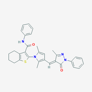 molecular formula C32H30N4O2S B299158 2-{2,5-dimethyl-3-[(E)-(3-methyl-5-oxo-1-phenyl-1,5-dihydro-4H-pyrazol-4-ylidene)methyl]-1H-pyrrol-1-yl}-N-phenyl-4,5,6,7-tetrahydro-1-benzothiophene-3-carboxamide 