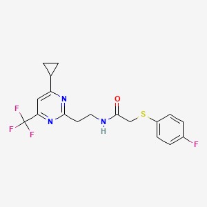 molecular formula C18H17F4N3OS B2991602 N-(2-(4-cyclopropyl-6-(trifluoromethyl)pyrimidin-2-yl)ethyl)-2-((4-fluorophenyl)thio)acetamide CAS No. 1396812-14-8