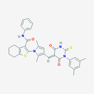 molecular formula C34H32N4O3S2 B299161 2-{3-[(1-(3,5-dimethylphenyl)-4,6-dioxo-2-thioxotetrahydro-5(2H)-pyrimidinylidene)methyl]-2,5-dimethyl-1H-pyrrol-1-yl}-N-phenyl-4,5,6,7-tetrahydro-1-benzothiophene-3-carboxamide 