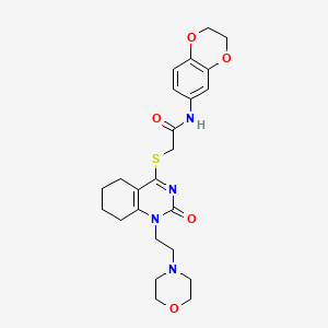 molecular formula C24H30N4O5S B2991631 N-(2,3-二氢苯并[b][1,4]二噁英-6-基)-2-((1-(2-吗啉乙基)-2-氧代-1,2,5,6,7,8-六氢喹唑啉-4-基)硫代)乙酰胺 CAS No. 898460-90-7