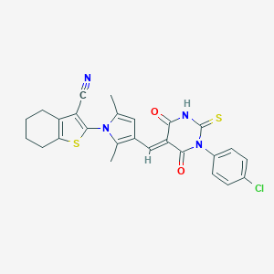 molecular formula C26H21ClN4O2S2 B299164 2-(3-{(E)-[1-(4-chlorophenyl)-4,6-dioxo-2-thioxotetrahydropyrimidin-5(2H)-ylidene]methyl}-2,5-dimethyl-1H-pyrrol-1-yl)-4,5,6,7-tetrahydro-1-benzothiophene-3-carbonitrile 